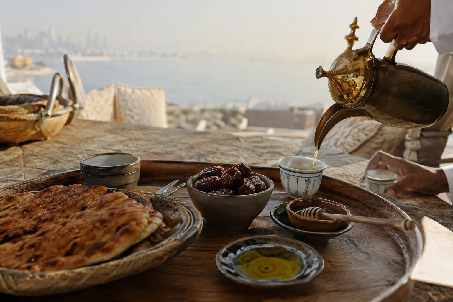 Emirati breakfast in Jumeirah with Arabic coffee dates bread Sidr honey and subtle Dubai coastal atmosphere