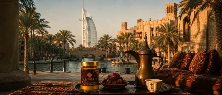 Jumeirah Dubai with Souk Madinat atmosphere Arabic coffee dates Sidr honey and Burj Al Arab in the distance