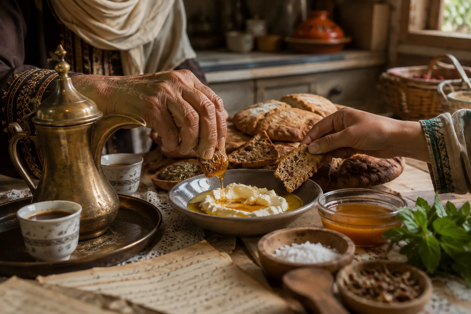 Hands in a family kitchen sharing bread olive oil honey and Arabic coffee as memories of home