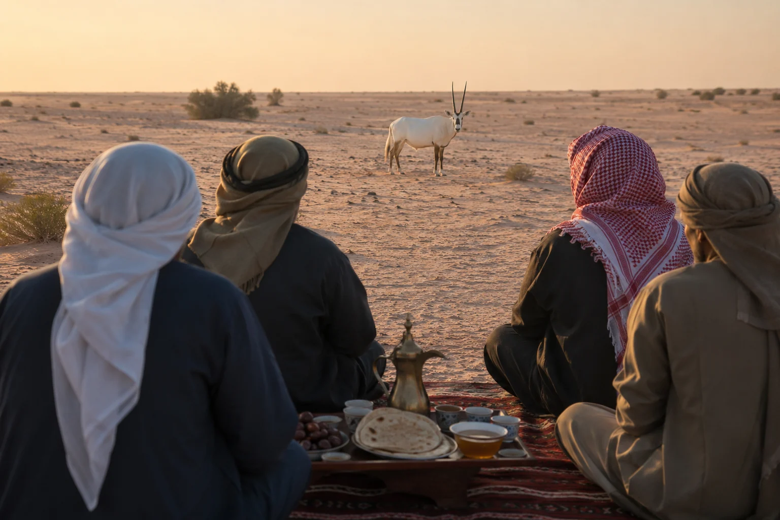 Arabian oryx admired from a quiet desert majlis breakfast in Qatar