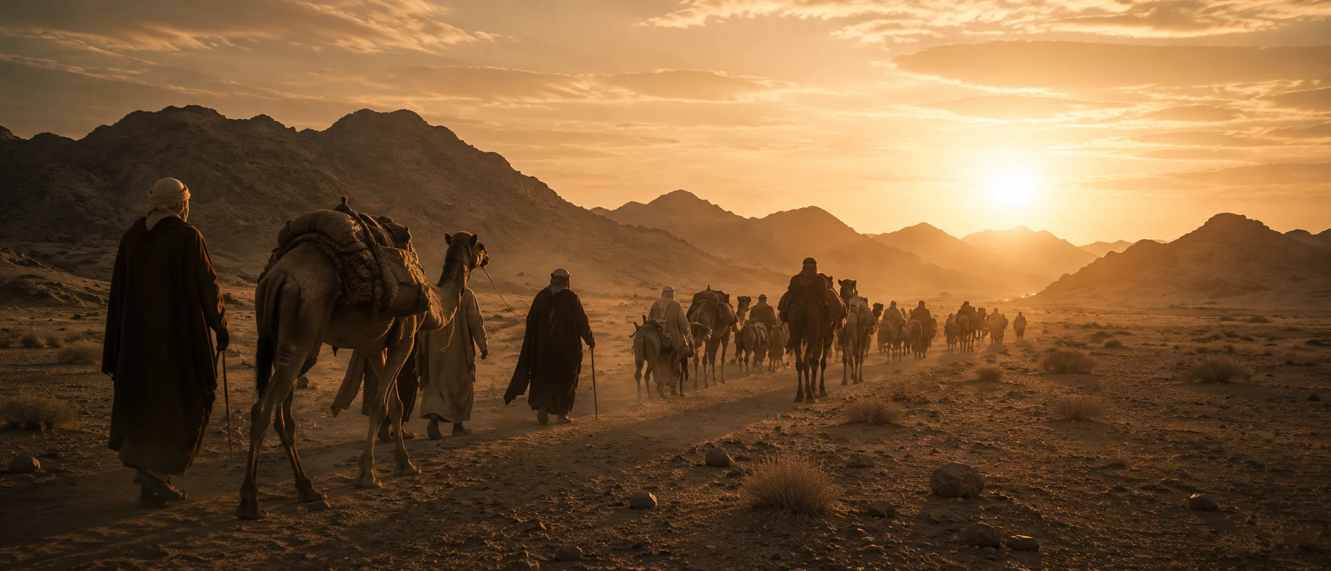Historic Hajj caravan crossing a desert road toward Makkah at dawn