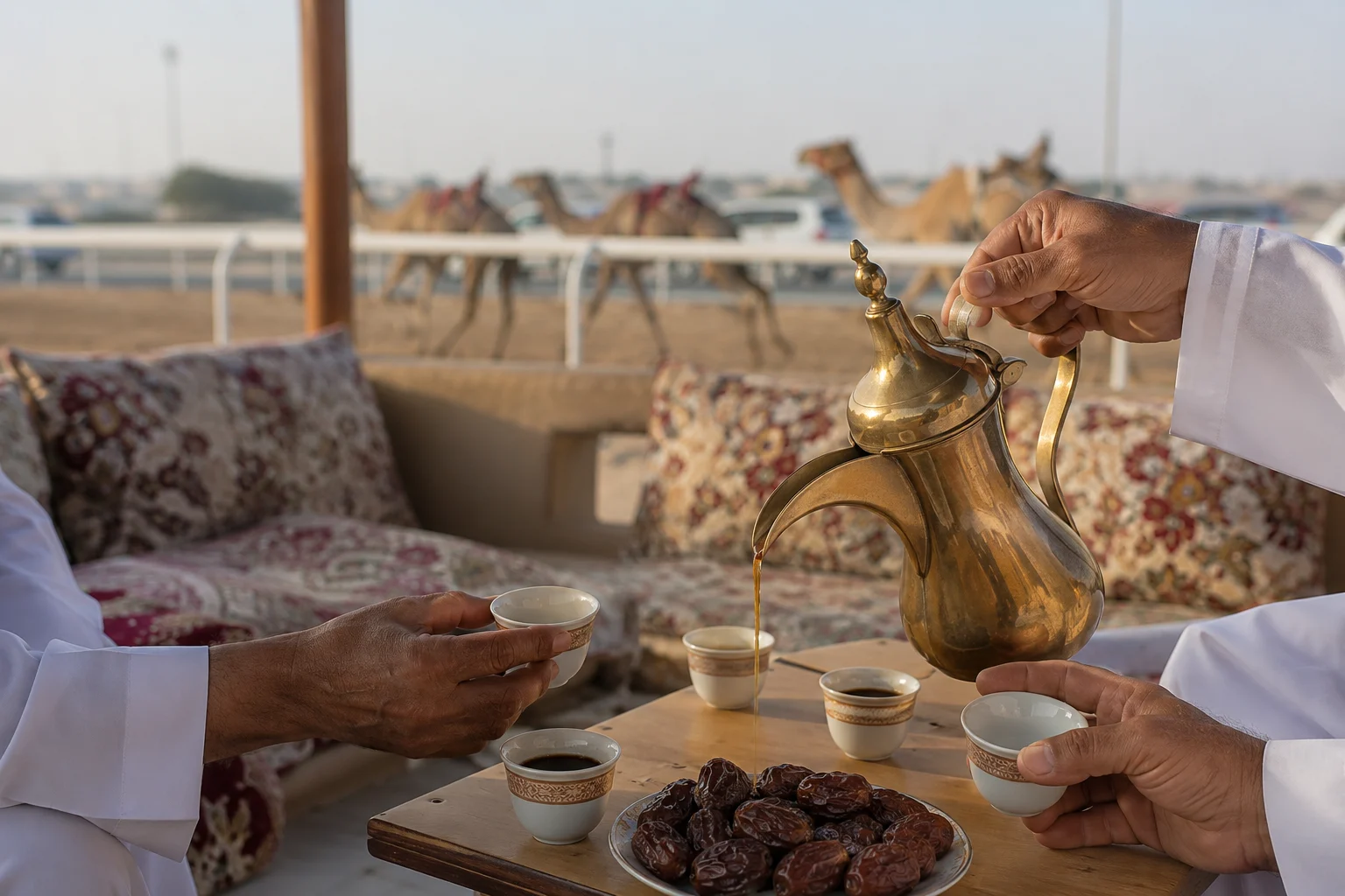 مجلس وقهوة عربية قرب ميدان سباقات الهجن في الإمارات في الصباح
