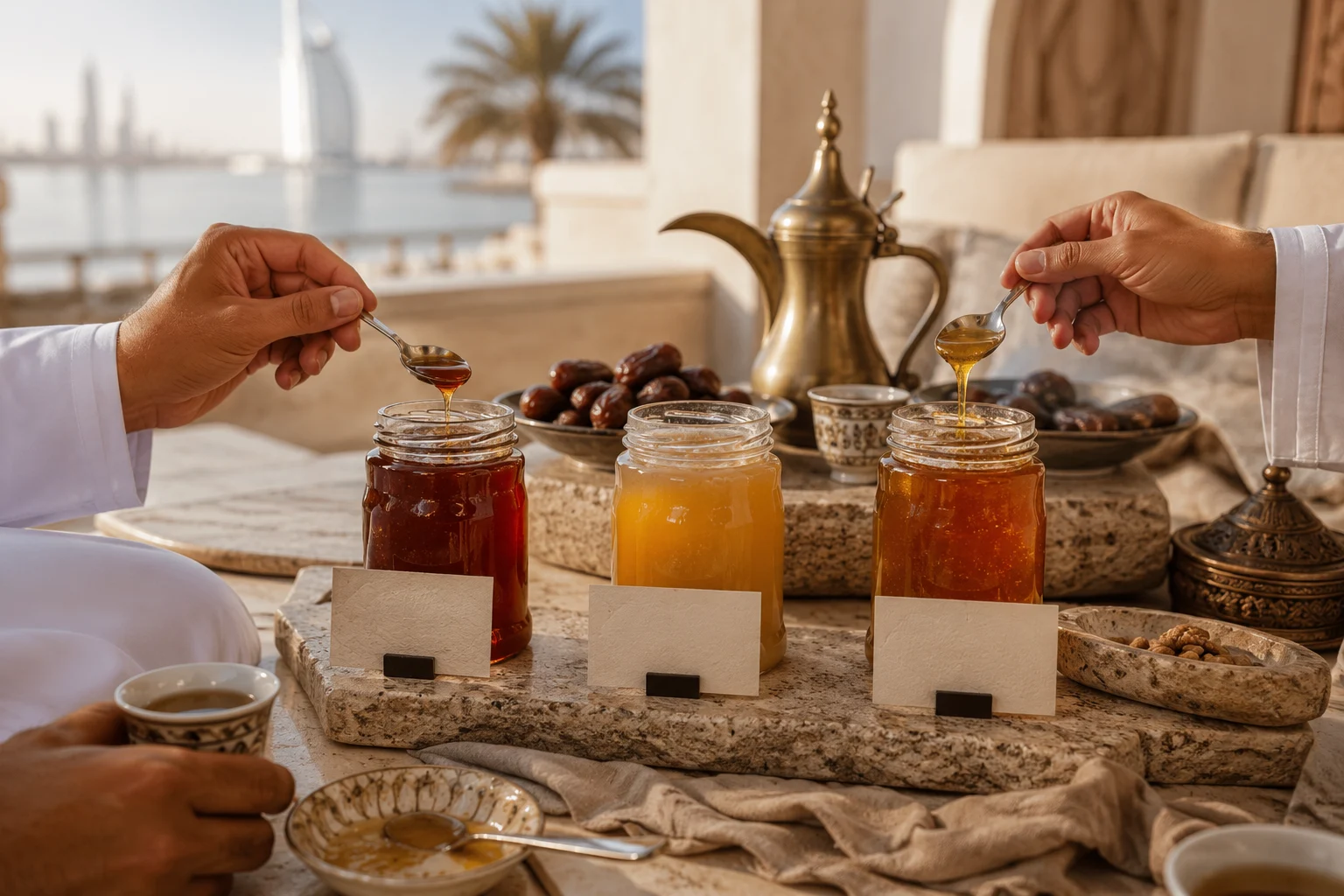Sidr honey Jumeirah Dubai gift table with Hatta Yemeni and Omani honey origins