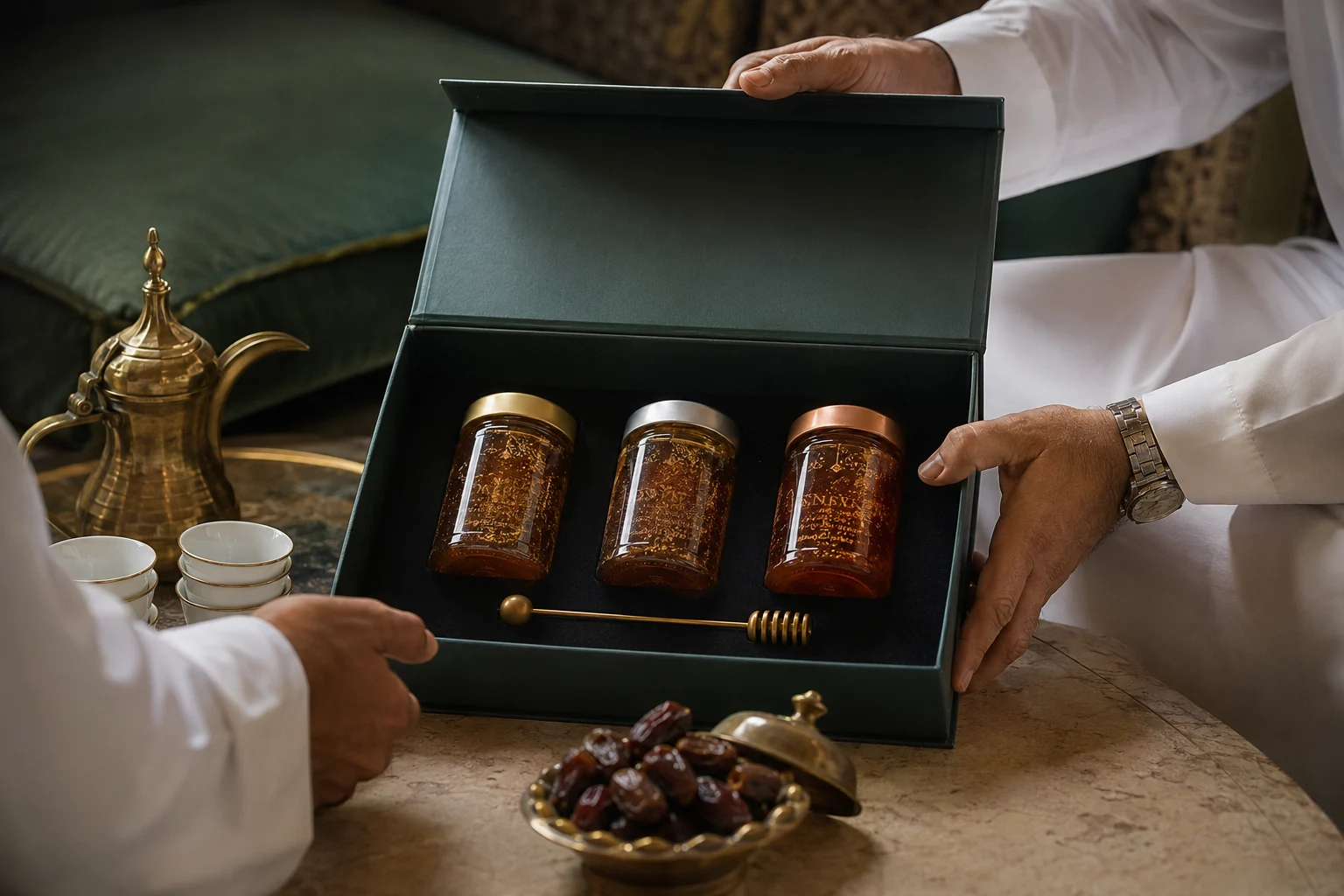 VIP gold honey gift in Dubai presented with restrained Gulf luxury
