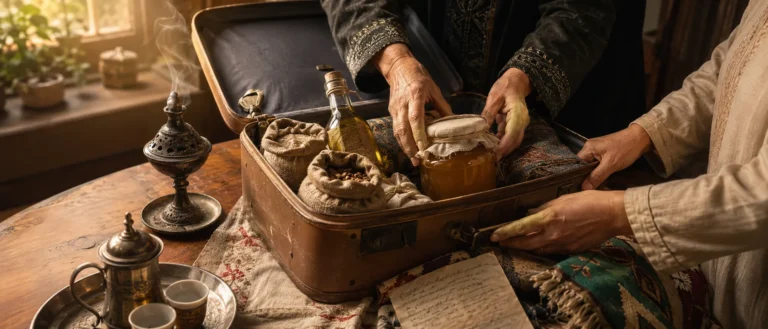 Family suitcase carrying honey coffee spices recipes and memories from home