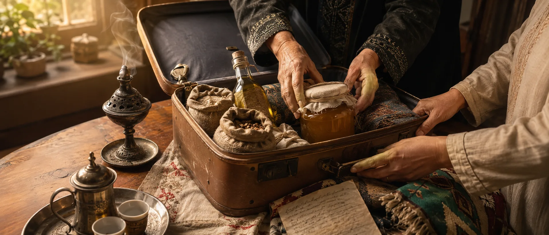 Family suitcase carrying honey coffee spices recipes and memories from home