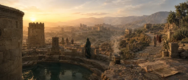 Historical editorial scene inspired by women and landscapes of Arabia from Yemen to Oman