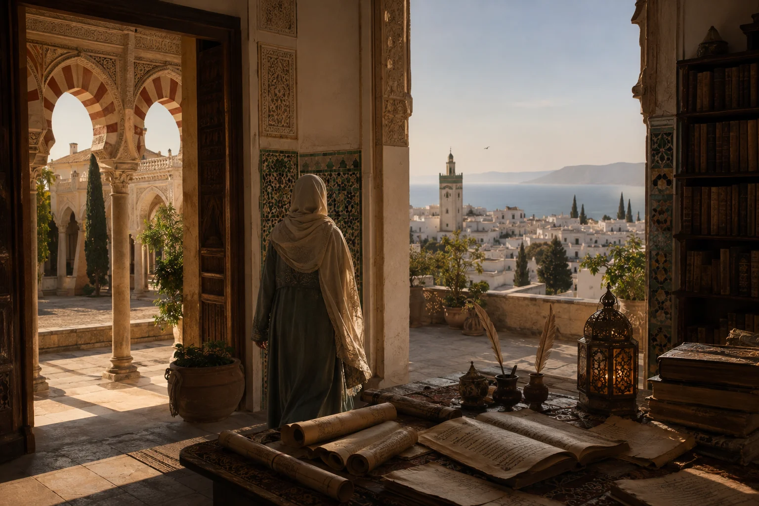 Editorial historical scene connecting women of Cordoba Al-Andalus with Tetouan Morocco