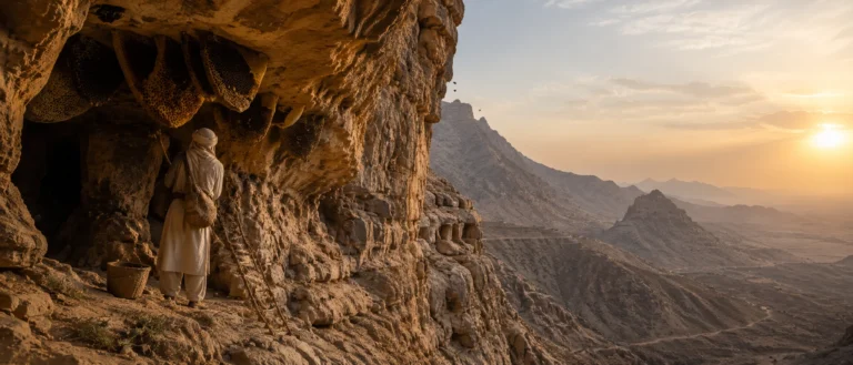 Remote mountain cave in Wadi Amd Yemen with wild honeybees and traditional honey harvesting atmosphere