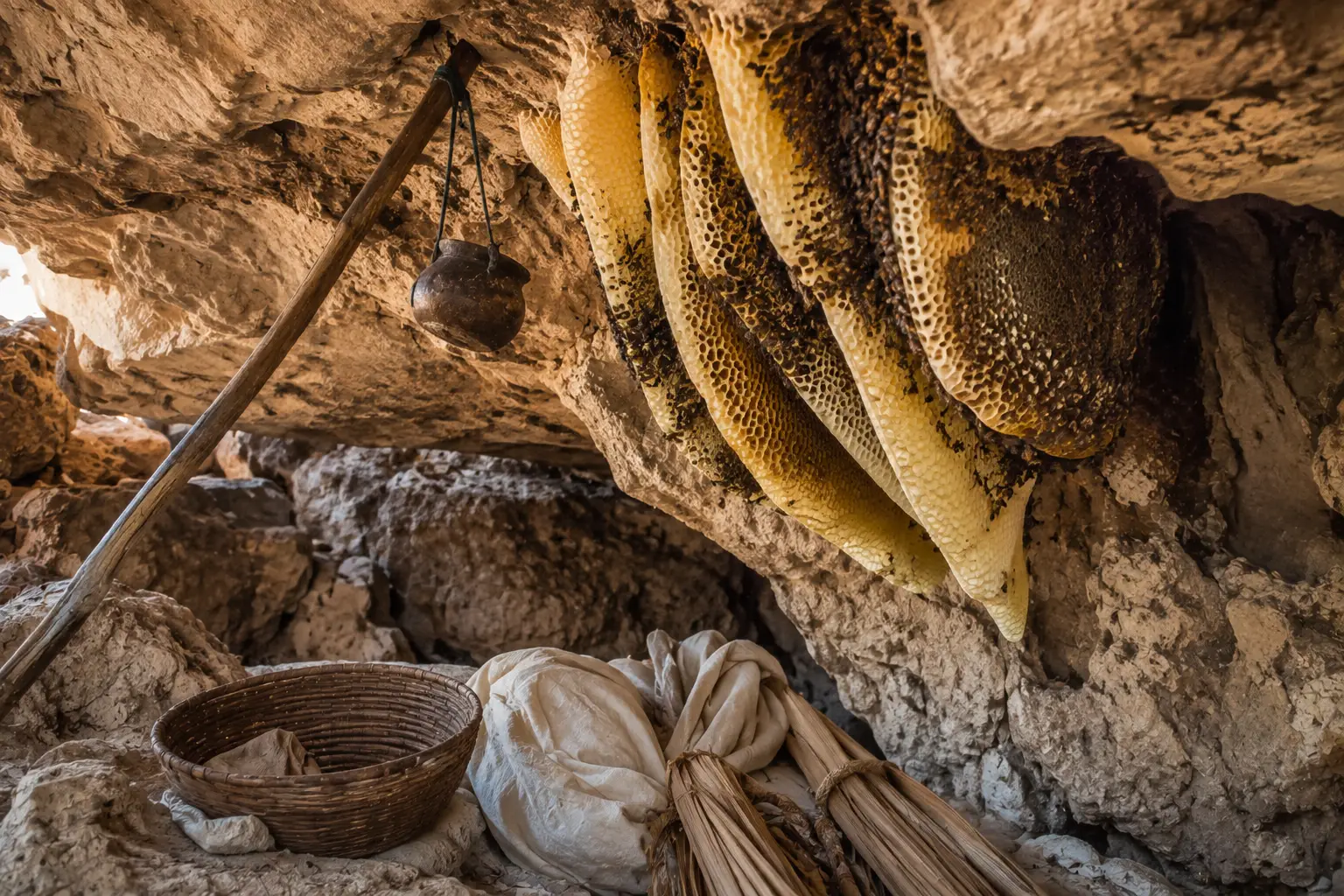 Wild honey colony inside a natural rocky cave in Yemen with traditional harvesting tools