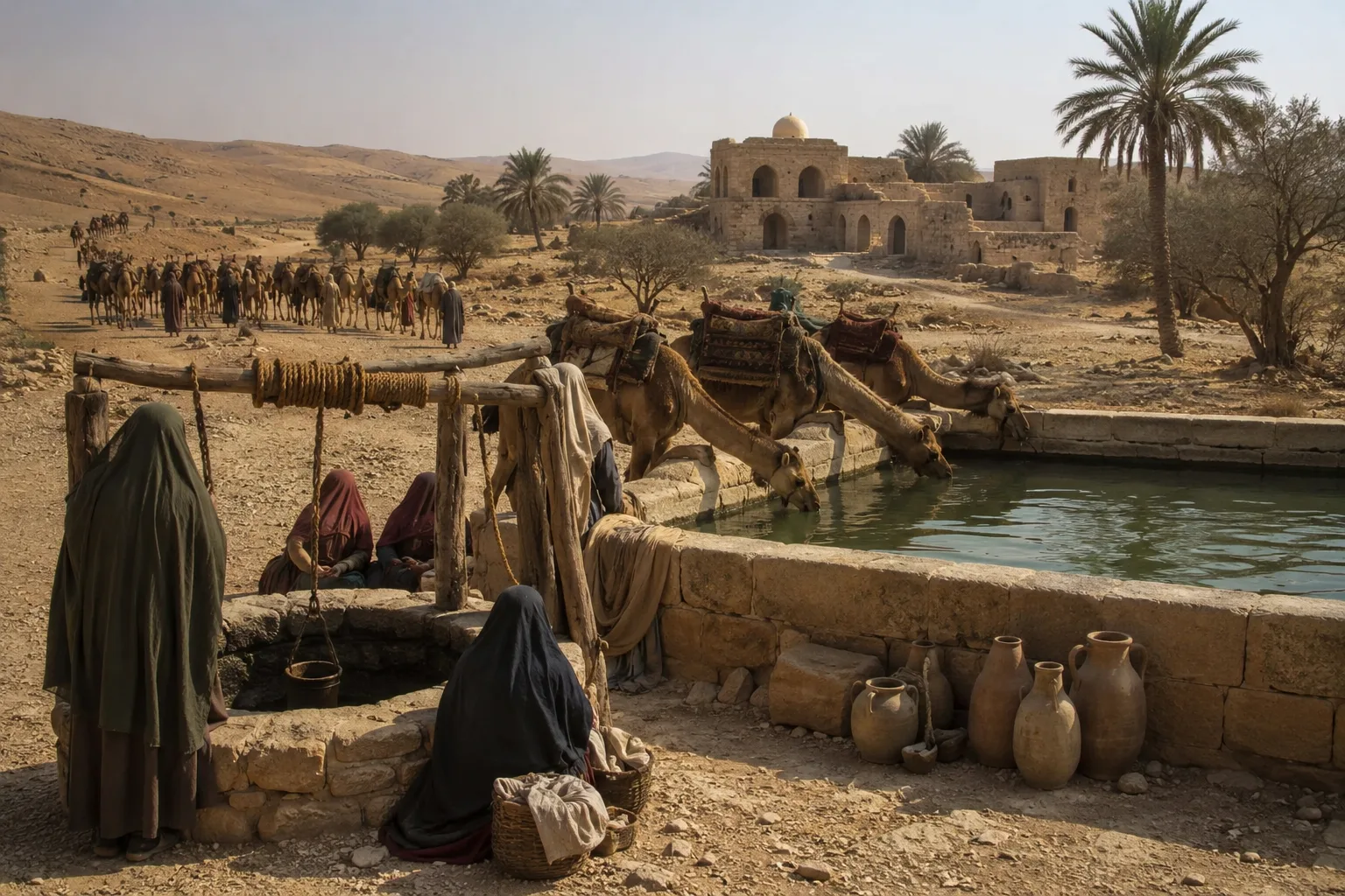 Darb Zubaydah water station with women and families resting along a historical Hajj caravan route