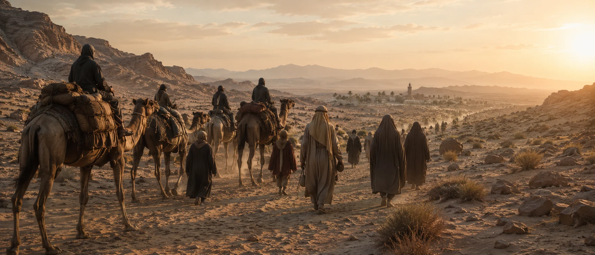 Zubaydah and women travelling in a protected Hajj caravan across the Abbasid road to Makkah