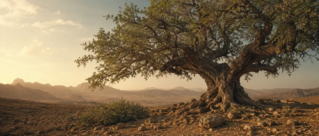 A resilient Samar tree in an arid Arabian landscape, representing the ancient tree behind Samar honey.