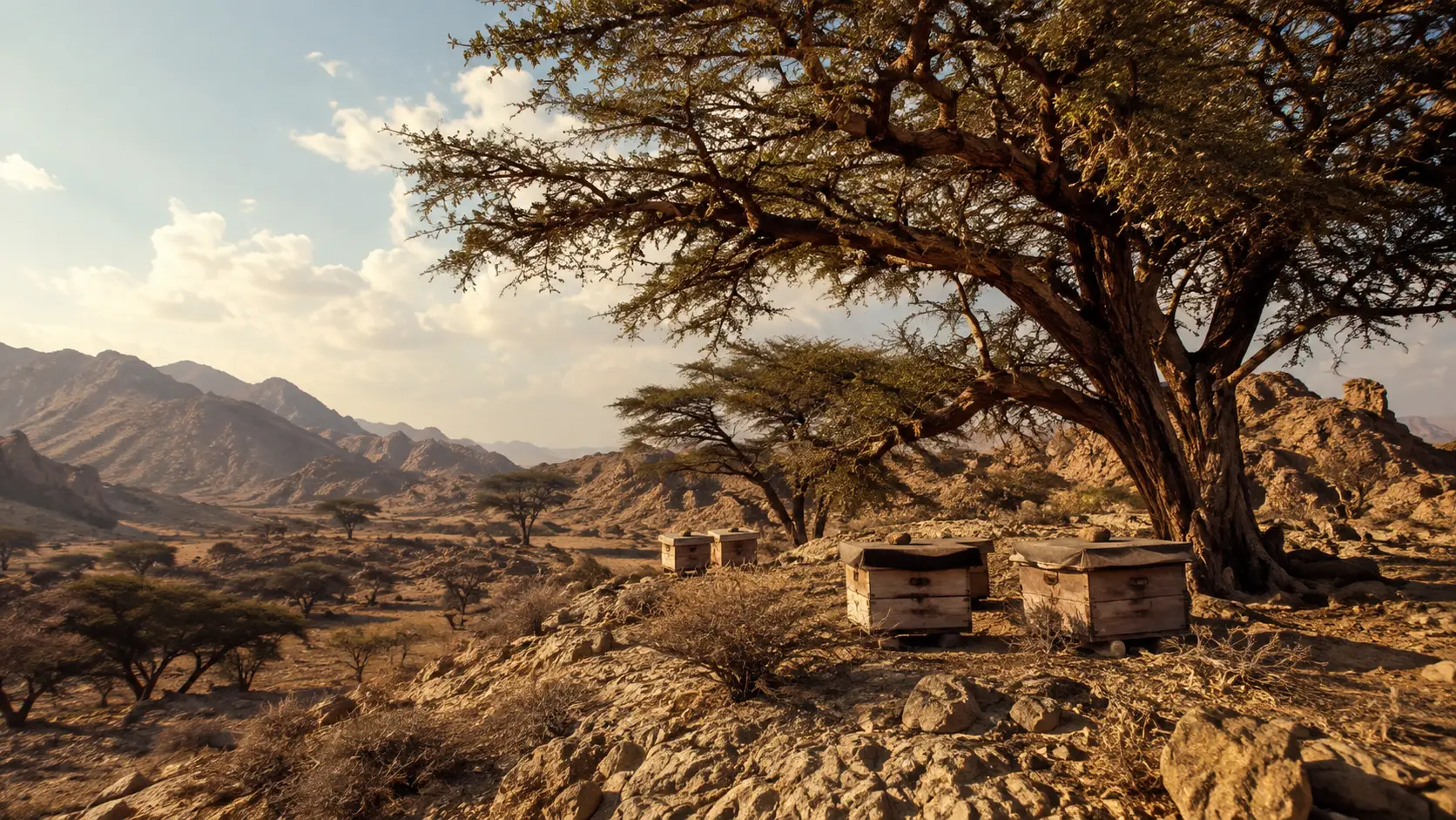 A Gulf landscape with bees and arid flowering vegetation linked to Samar honey.