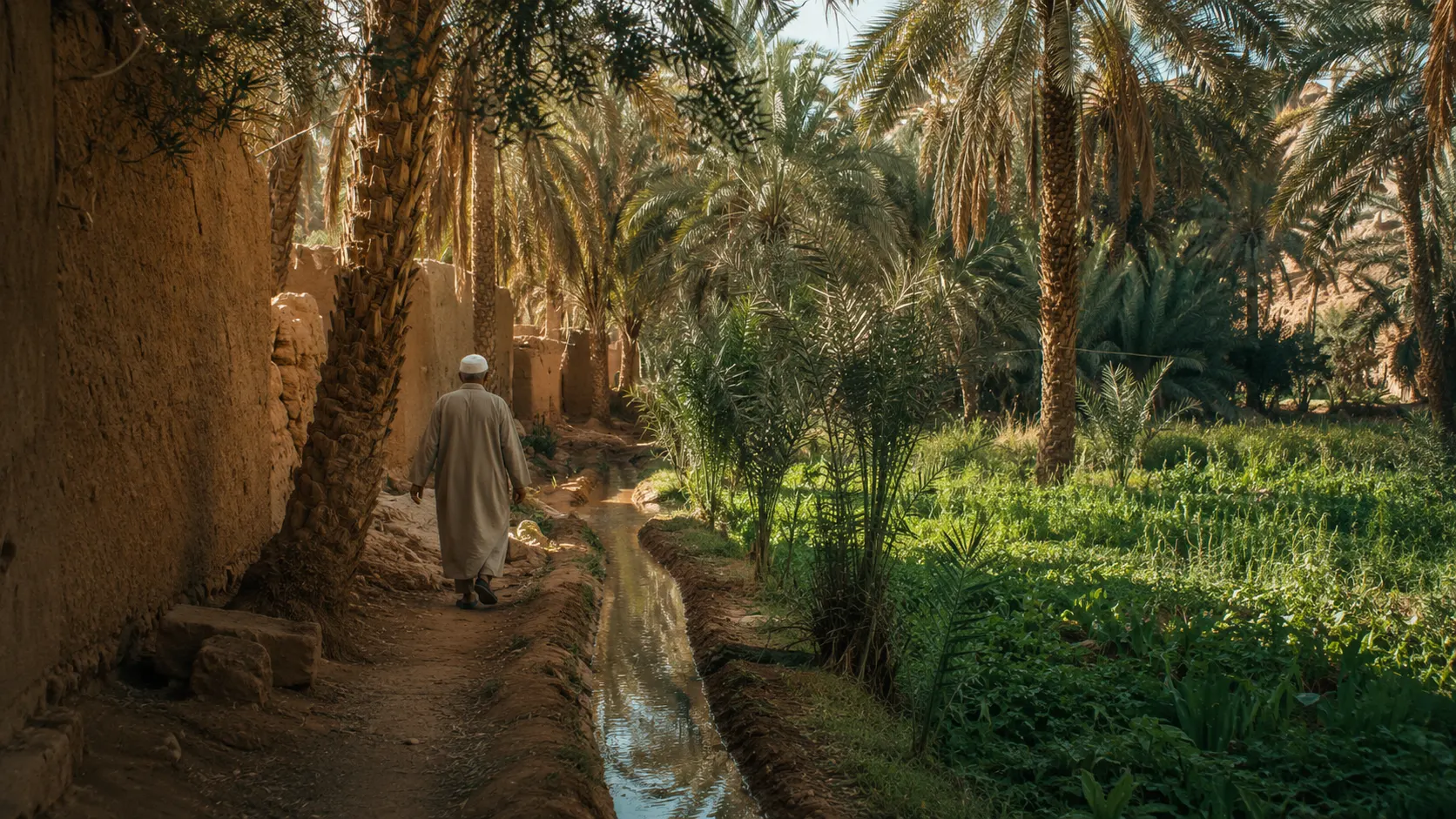 Ksar Meski oasis in the Ziz Valley near Errachidia with date palms, cultivated fields and arid mountains