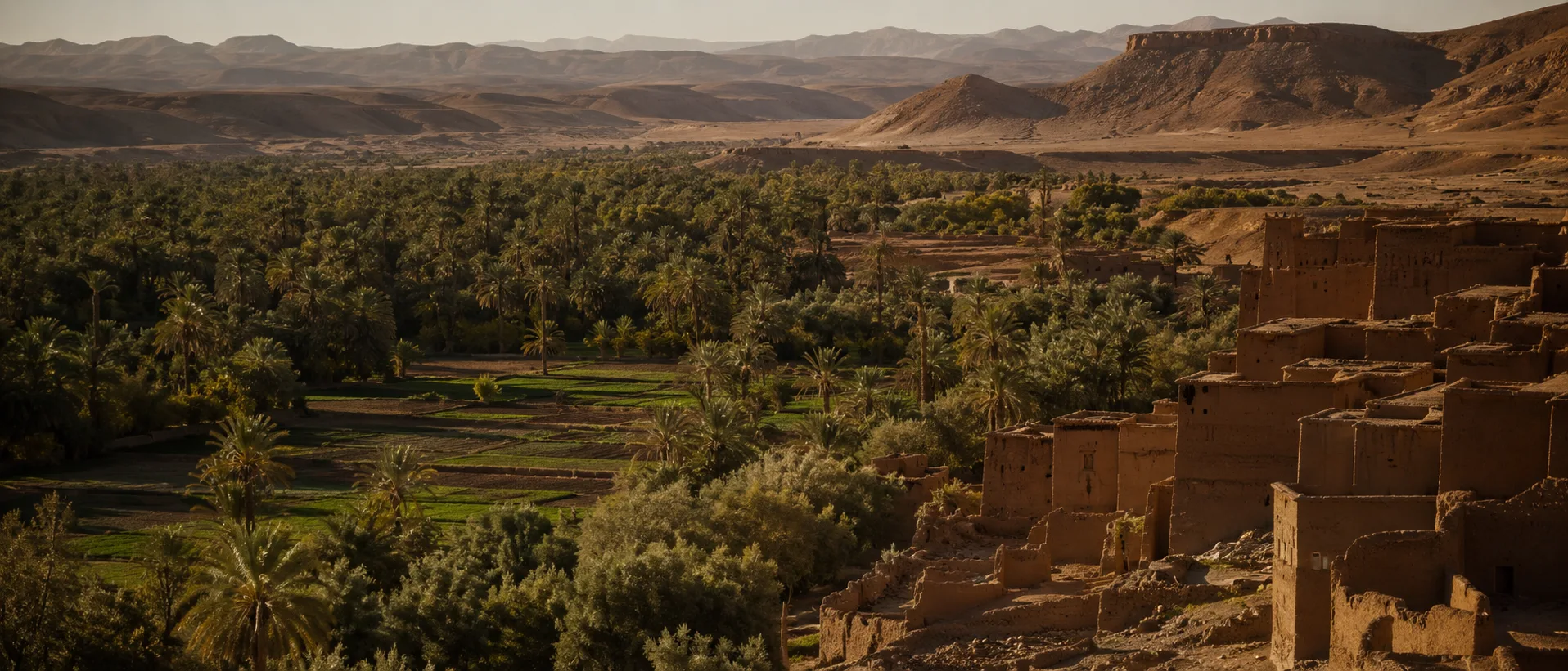 Ziz Valley in southeastern Morocco with date palms, High Atlas foothills and arid oasis landscape