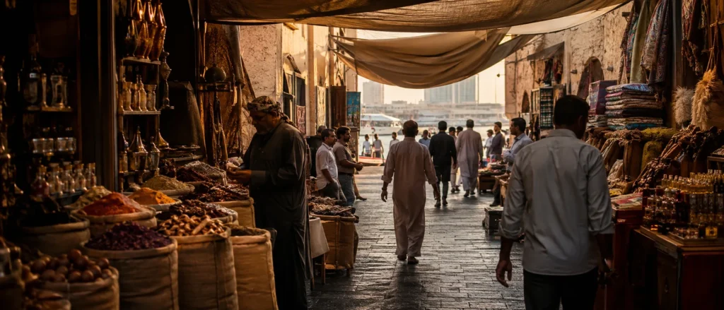 Lived-in market streets of Naif and Deira with spice shops, perfumes and traditional restaurants in Old Dubai