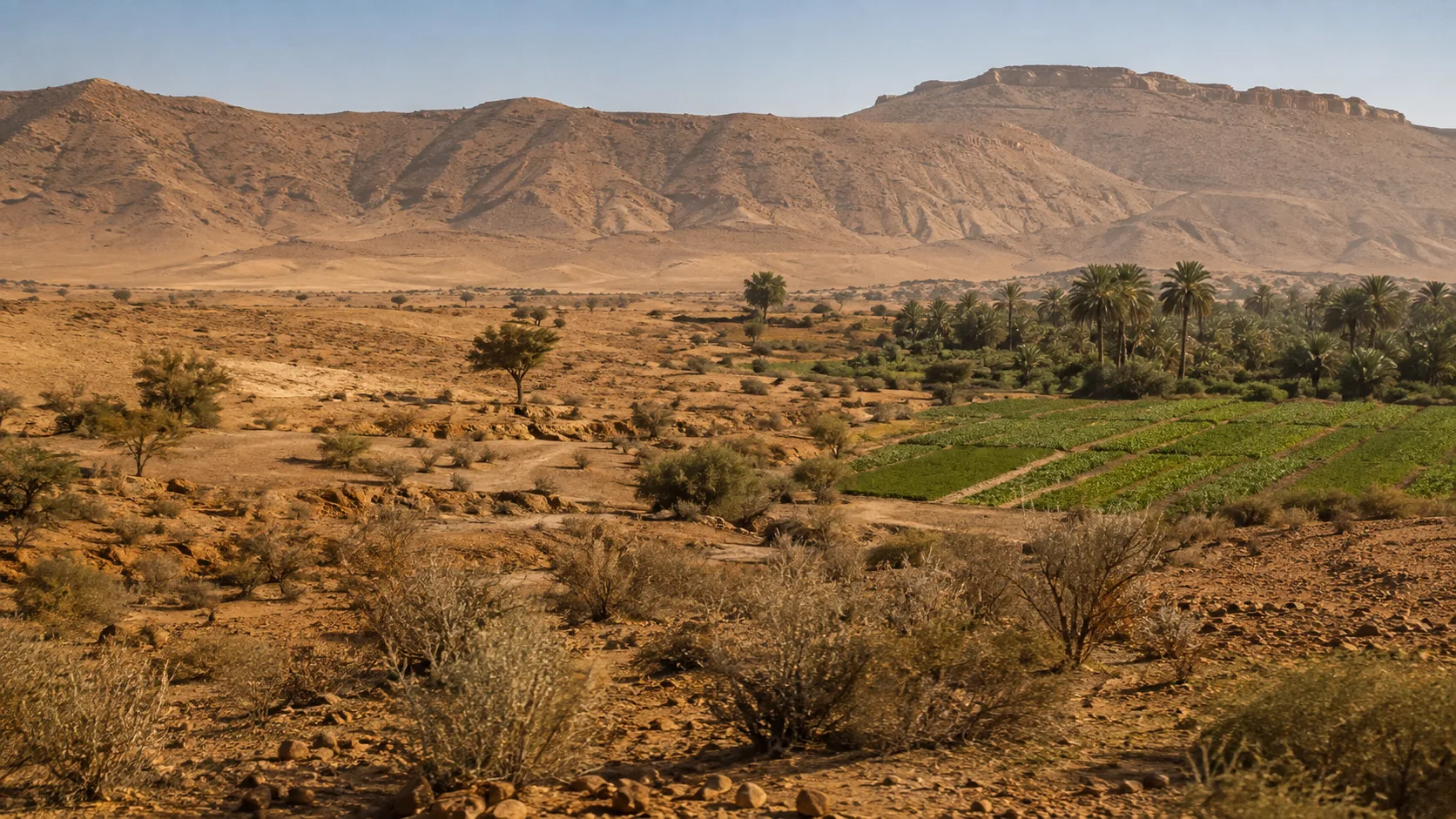 North African landscape transitioning from Mediterranean hills to semi-arid and Saharan jujube habitat