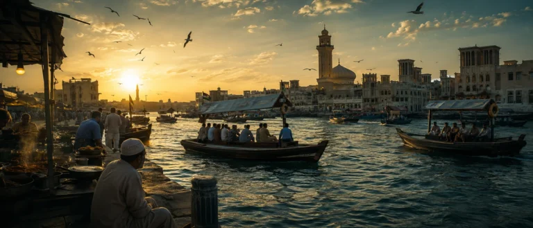 Dubai Creek before iftar during Ramadan with abras, gulls, old waterfront buildings and people waiting for sunset
