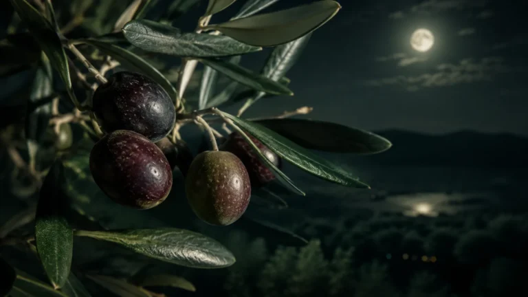 Macro view of ripe olives and silver-green leaves beneath a full moon, evoking the ancient heritage of the Mediterranean olive tree.