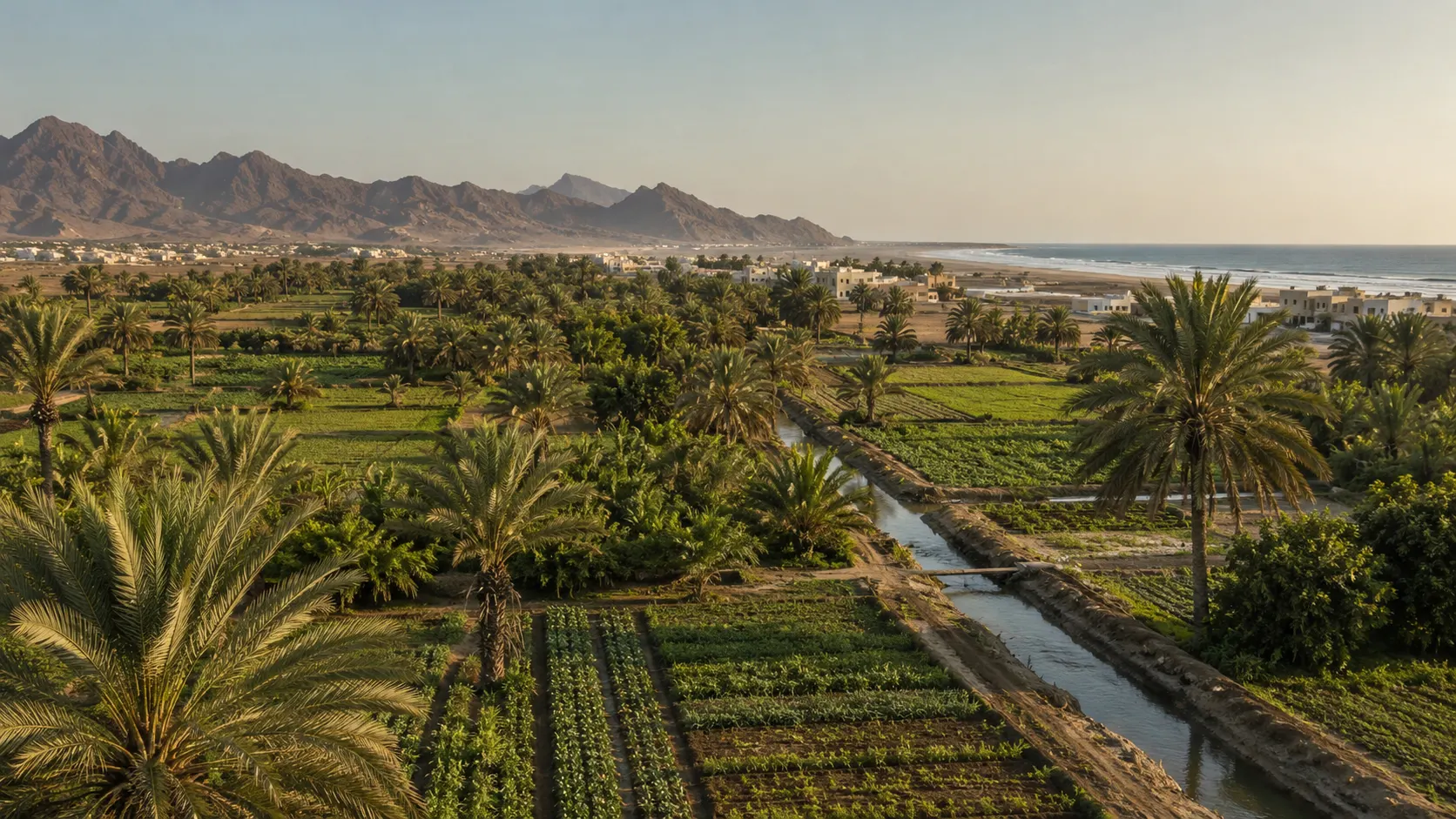 Al Batinah agricultural landscape in Oman with date palms, cultivated land and Hajar Mountain backdrop