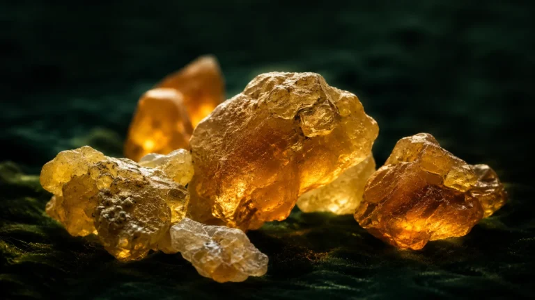 Golden Omani frankincense resin tears glowing from below on a deep Meski-green surface.