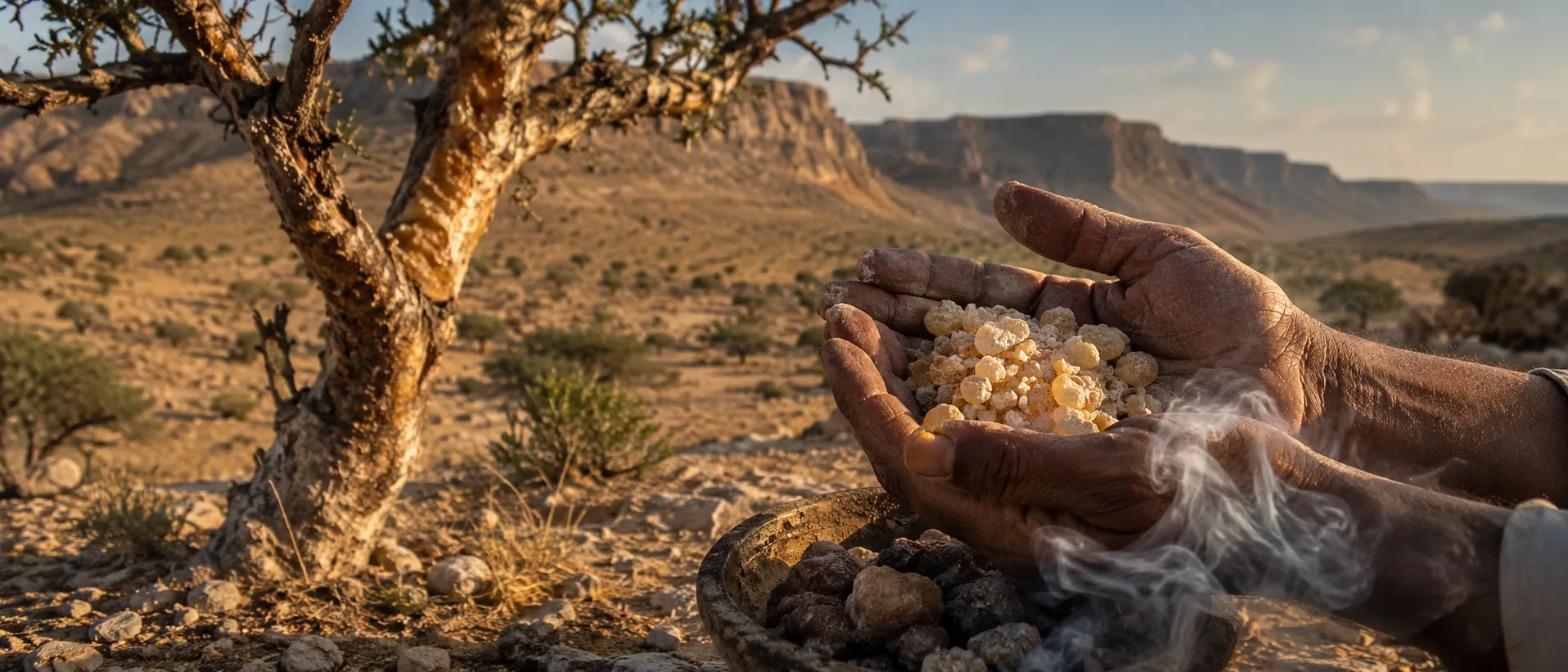 Hands holding pale Omani frankincense resin beside a Boswellia tree in the rugged Dhofar landscape