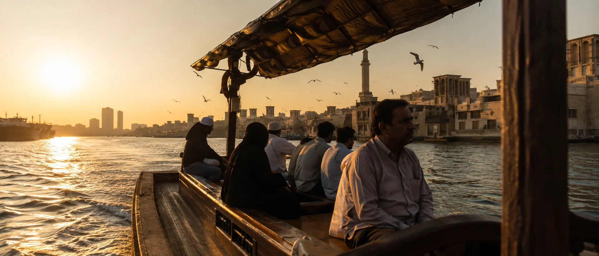 Traditional abra carrying passengers across Dubai Creek at sunset with the old city lining the waterfront