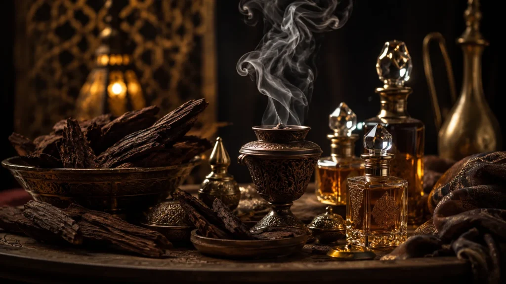 Smouldering oud wood, ornate perfume bottles and incense vessels symbolising Arabian luxury.