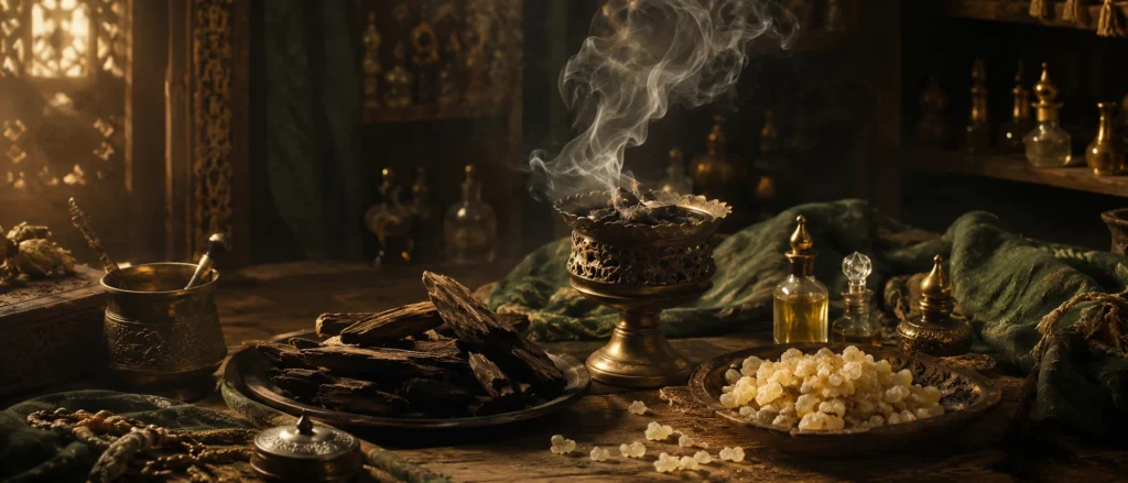 Oud wood, bakhoor smoke, Omani frankincense and perfume oils in an intimate traditional Gulf setting