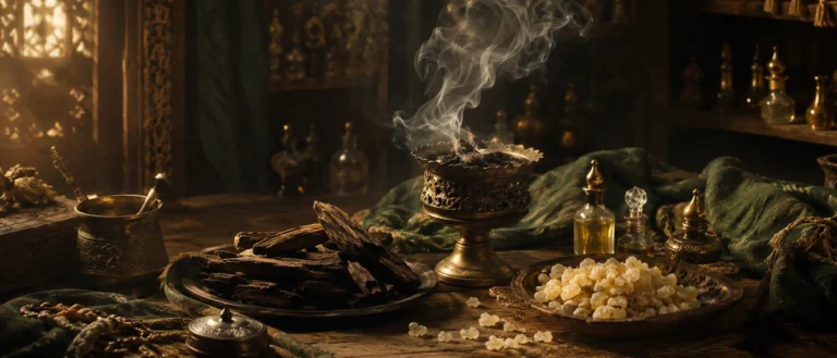 Oud wood, bakhoor smoke, Omani frankincense and perfume oils in an intimate traditional Gulf setting