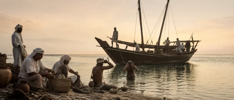 Pearl divers of the Gulf before the oil era preparing by the sea at dawn, evoking maritime labour and memory.