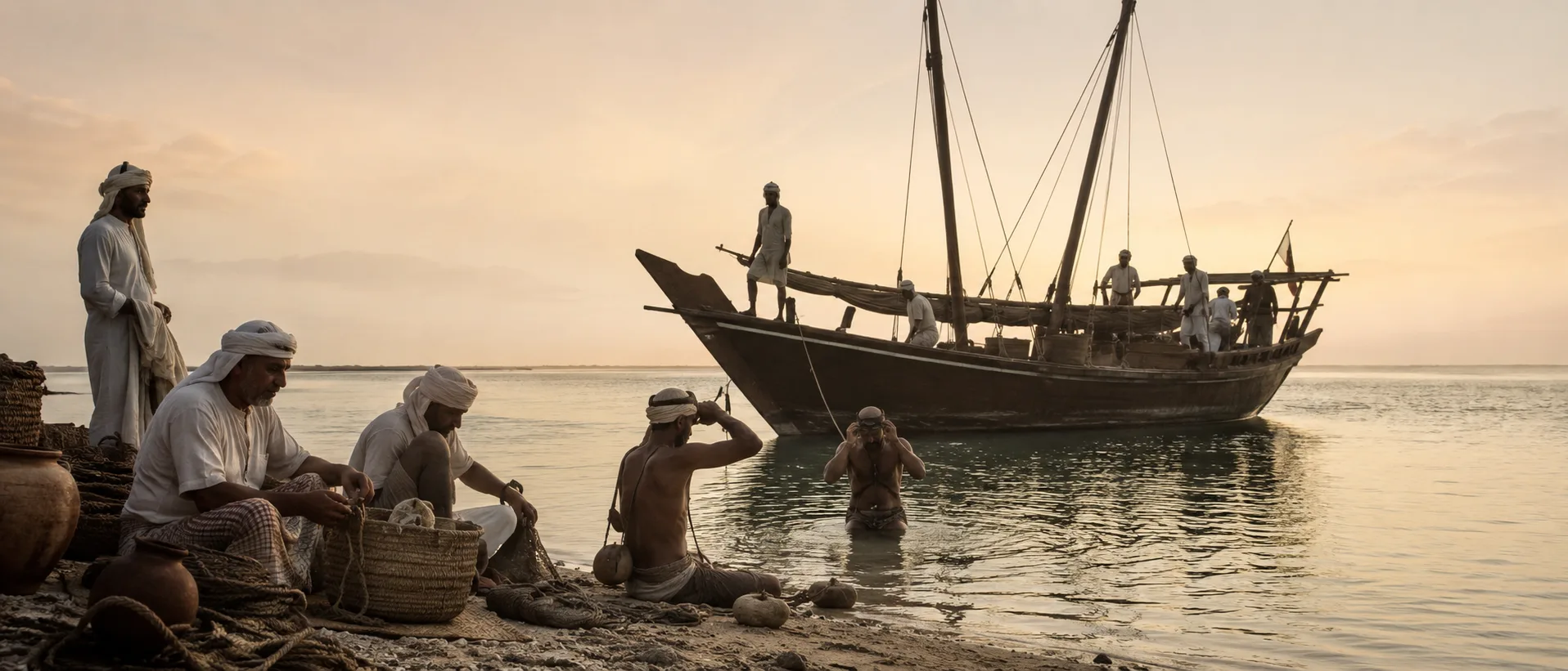 Pearl divers of the Gulf before the oil era preparing by the sea at dawn, evoking maritime labour and memory.