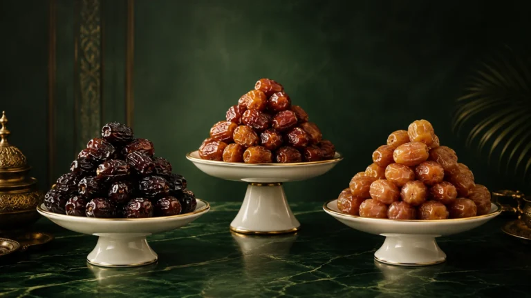 Three pyramids of premium Khalas, Ajwa, Sukkari and Medjool date varieties displayed on ivory serving stands against a deep Meski-green background.