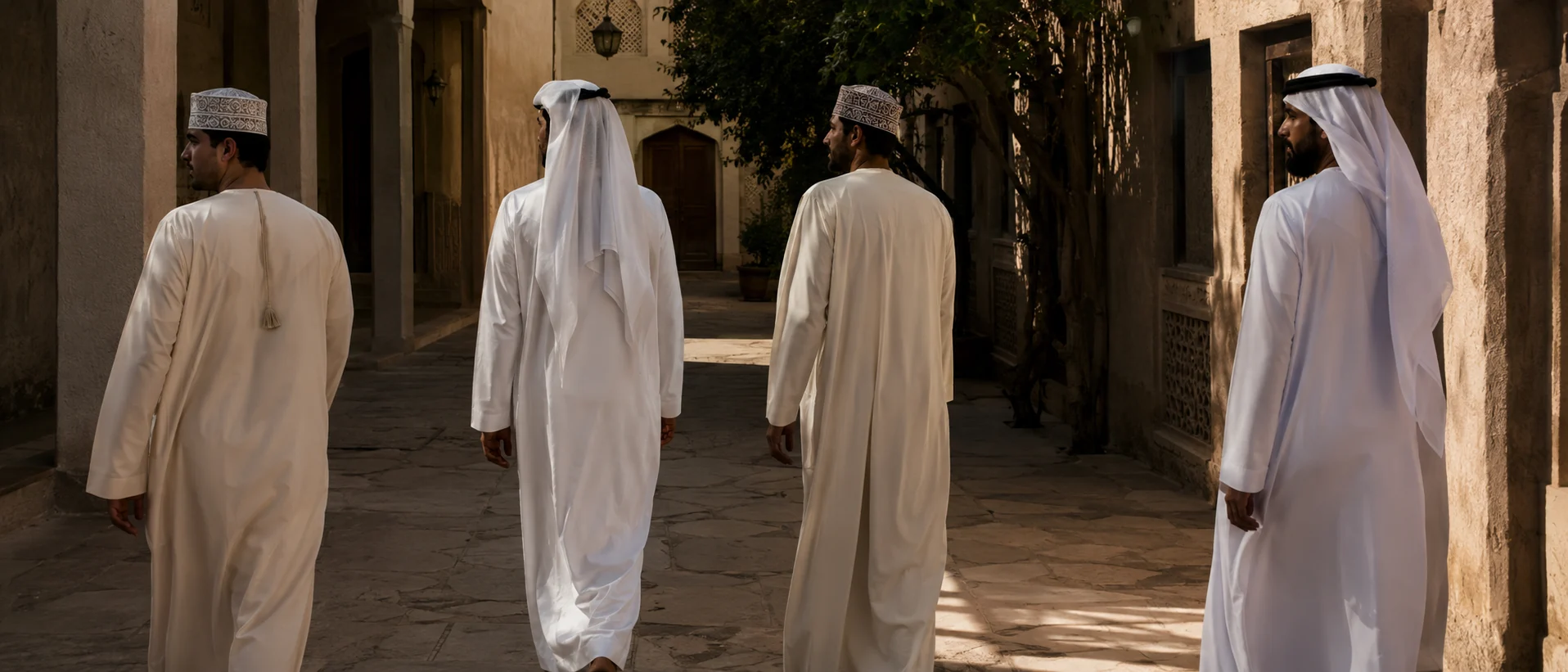 Arab men walking through a heritage lane wearing different forms of qamis, thobe, kandura and dishdasha