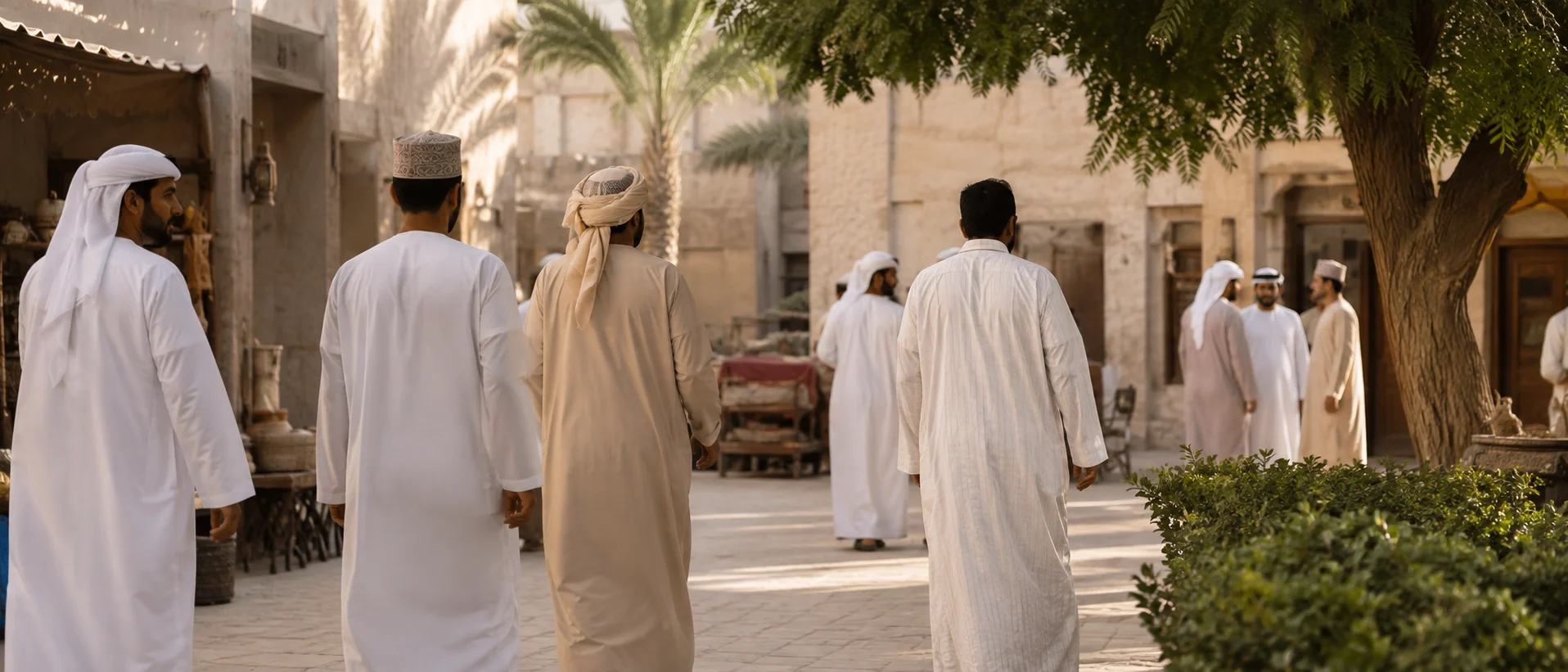 رجال عرب يسيرون في ممر تراثي بملابس خليجية متقاربة تختلف بين القميص والثوب والكندورة والدشداشة