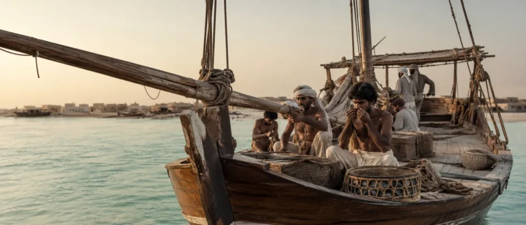 meskidatesfactory qatar-before-gas-Qatari pearl divers preparing aboard a traditional wooden dhow before the gas era in the Gulf"
