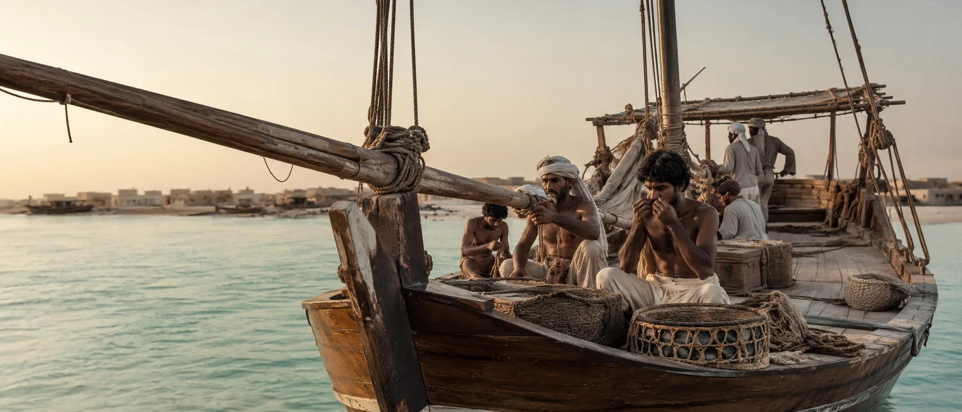 Qatari pearl divers preparing aboard a traditional wooden dhow before the gas era in the Gulf