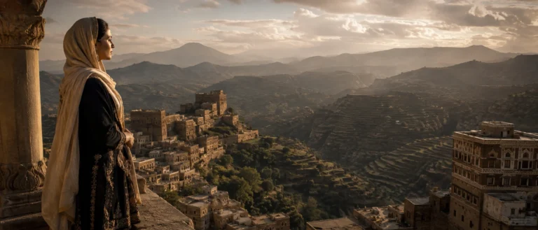 Mountainous Yemeni setting with historical architecture, evoking the world of Queen Arwa.