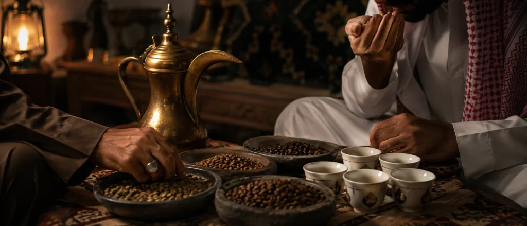 Hands comparing coffee beans with cardamom beside a dallah and finjan cups in a Saudi home