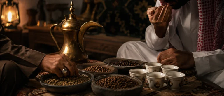 Hands comparing coffee beans with cardamom beside a dallah and finjan cups in a Saudi home