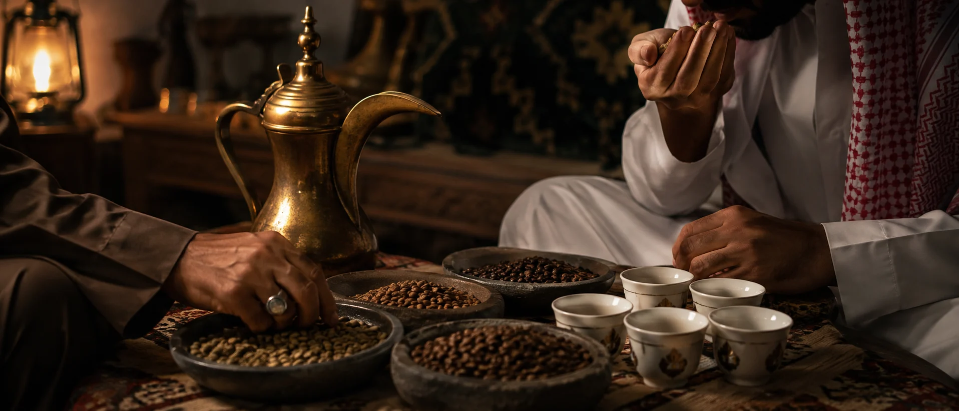 Saudi coffee ritual at home with different roasted beans, cardamom, a brass dallah and small finjan cups