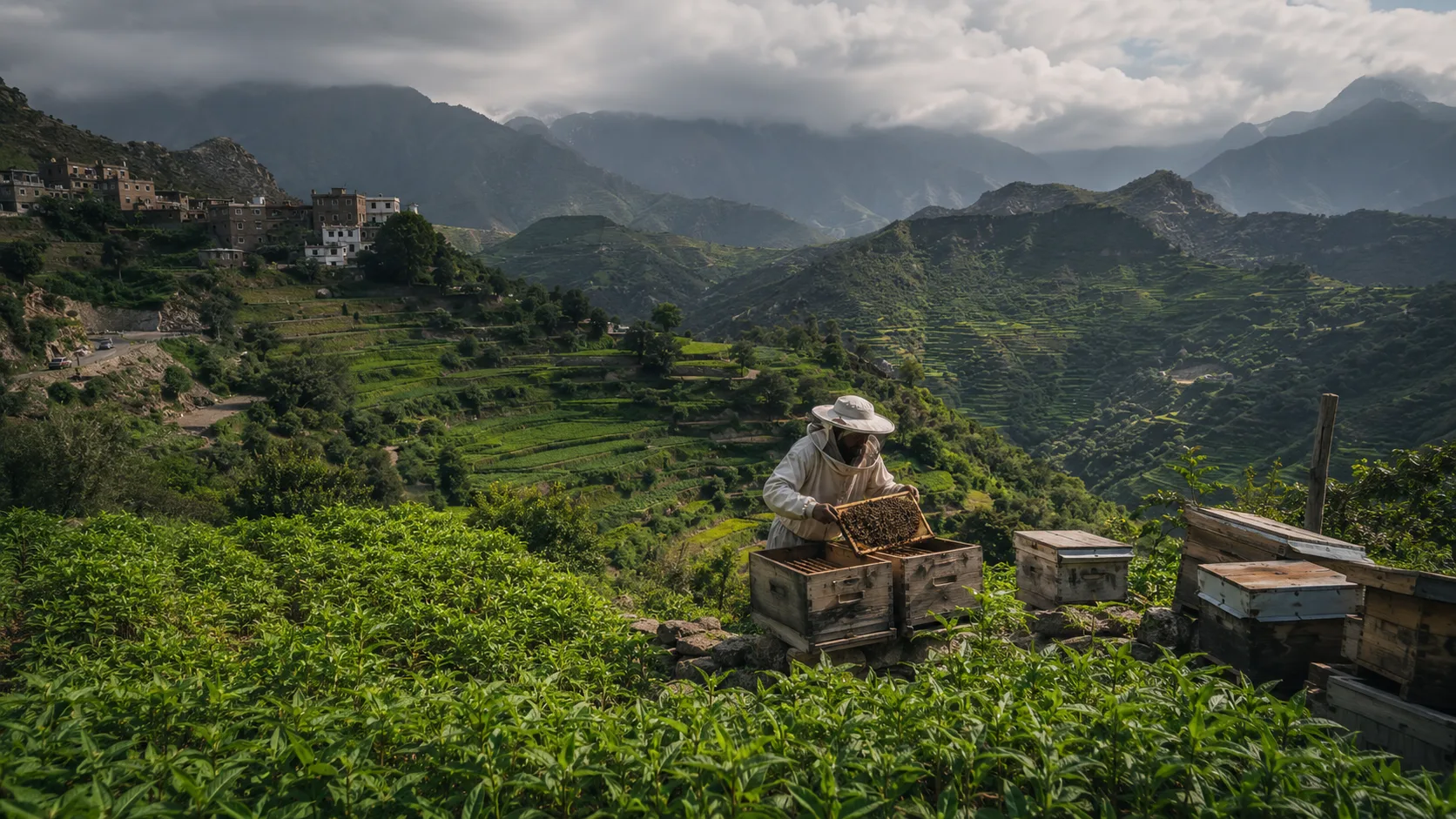 Fayfa and Asir mountain terraces in Saudi Arabia with green agriculture, flowering plants and beekeeping