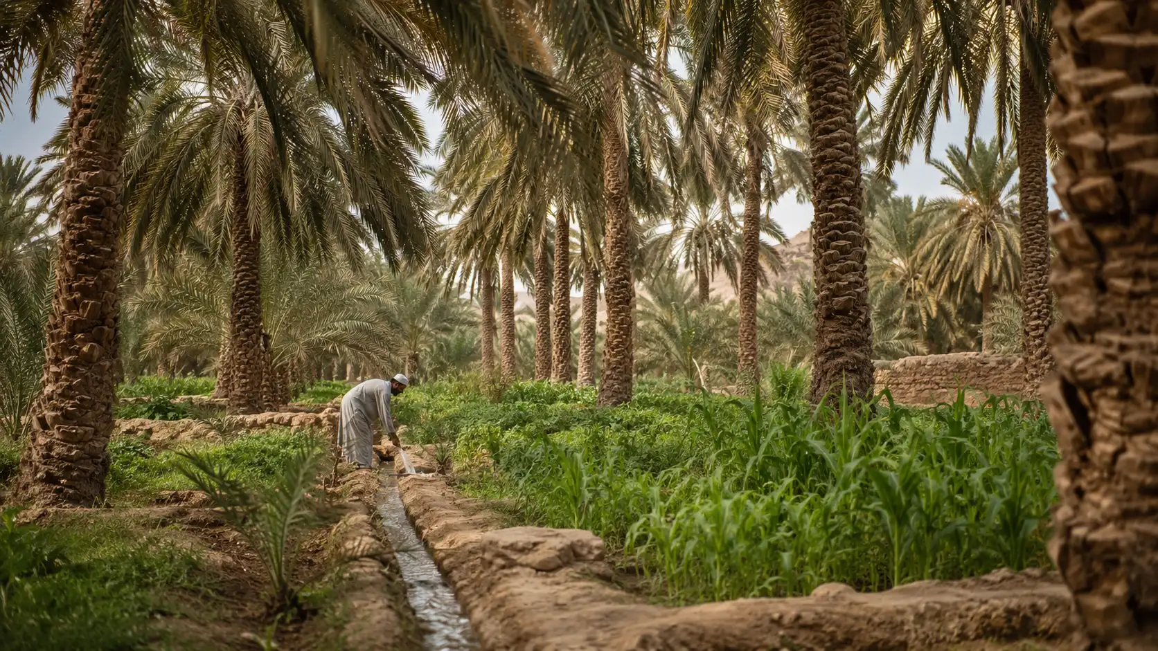 Traditional date palm garden in Medina, Saudi Arabia, with cultivated shade and clusters of local dates