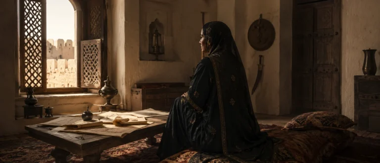 Historical reconstruction of an Omani woman reviewing documents inside an early nineteenth-century fort