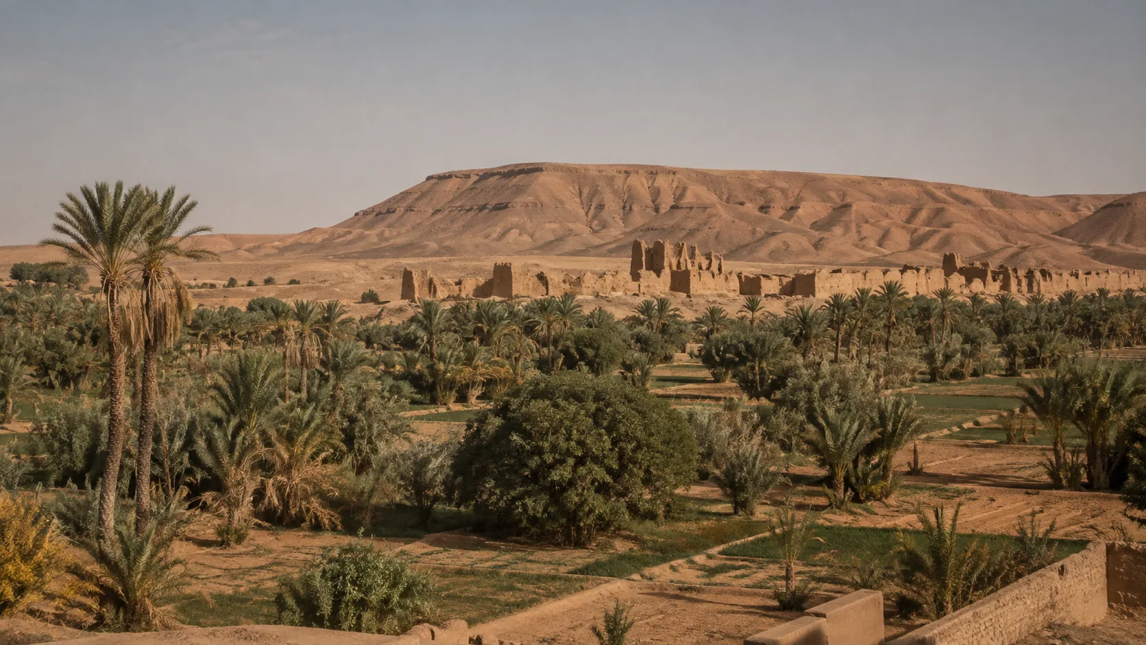 Palm grove and earthen landscape in the Tafilalet, recalling the oasis world that sustained caravan routes.