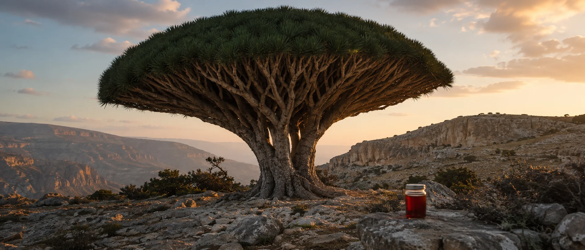 Wild Socotra scenery in Yemen with remote limestone mountains, coastline and scattered dragon blood trees