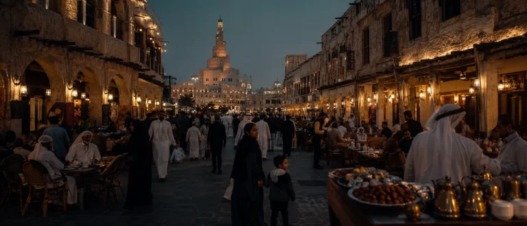 Families walking through illuminated Souq Waqif in Doha during Ramadan after iftar