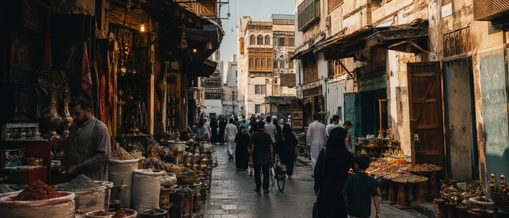 Traditional Saudi market lane with spices, coffee, textiles and families in warm evening light