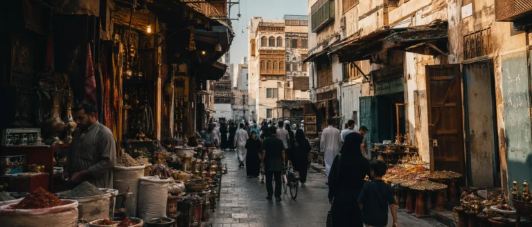 Traditional Saudi market lane with spices, coffee, textiles and families in warm evening light